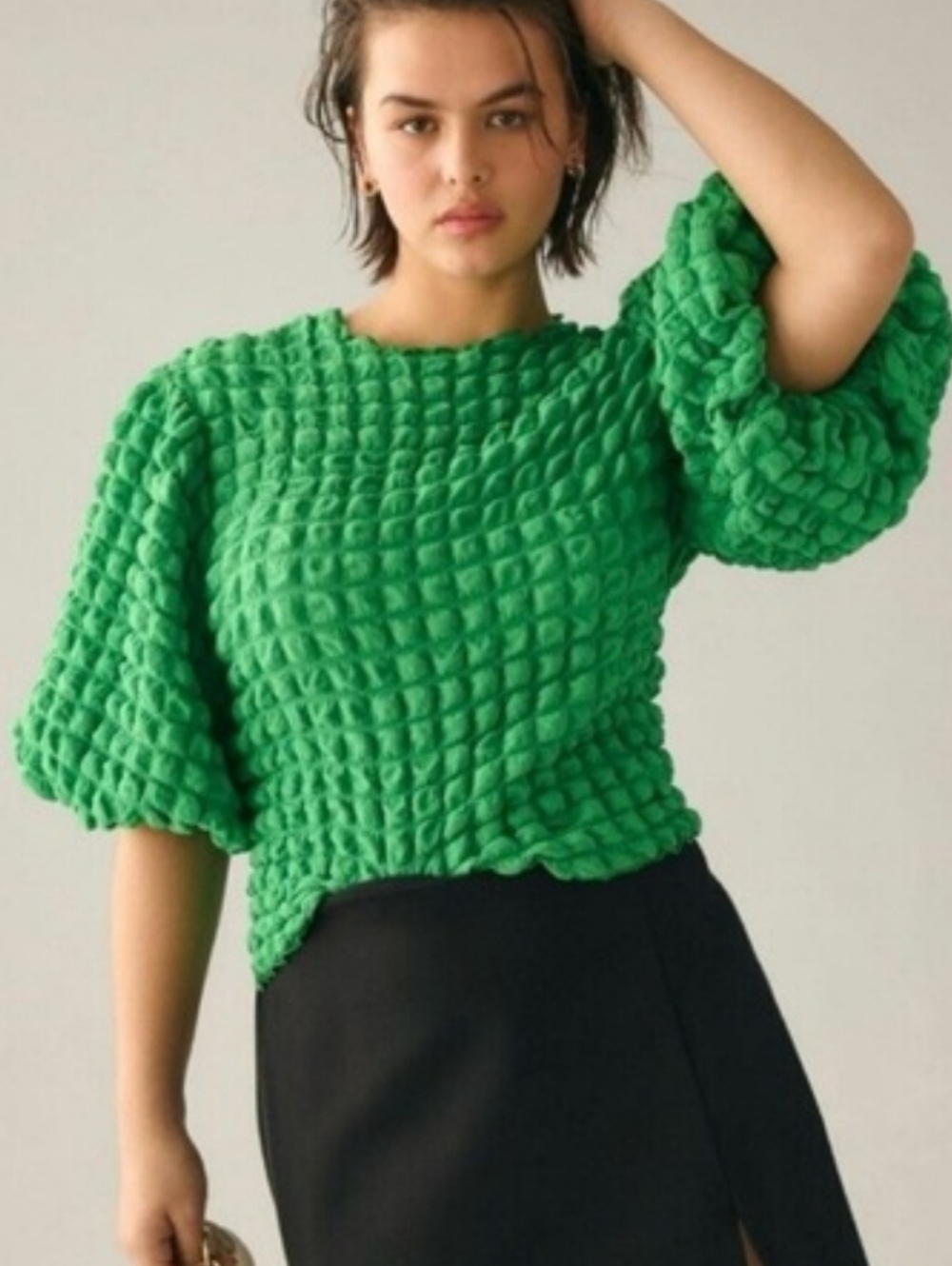 Anthro Eri + Ali Textured Puff-Sleeve Top In Green Size XL